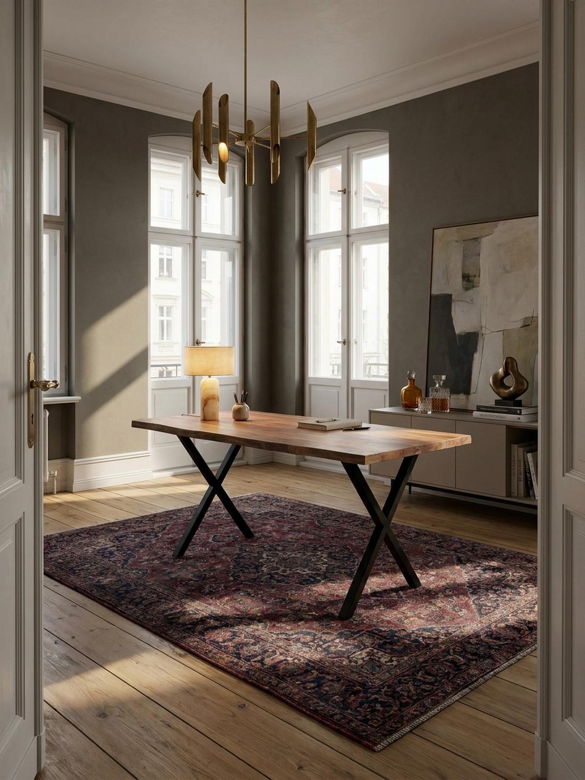 SCHREIBTISCH Massivholz X-Gestell Baumkante Handgefertigt KRETA, Goldbraun-Schwarz 180x90x76 cm - Schwarz/Braun, Holz/Metall (90/180/76cm) - KADIMA DESIGN