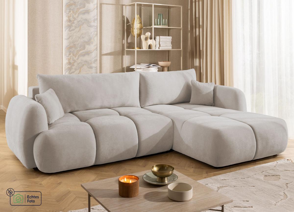 ECKSOFA Loretto aus natürlichem Beige Webstoff mit Schlaffunktion, Bettkasten und tiefen Steppungen in Bubble-Optik - Beige/Schwarz, Holz/Kunststoff (275/180cm) - S-Style