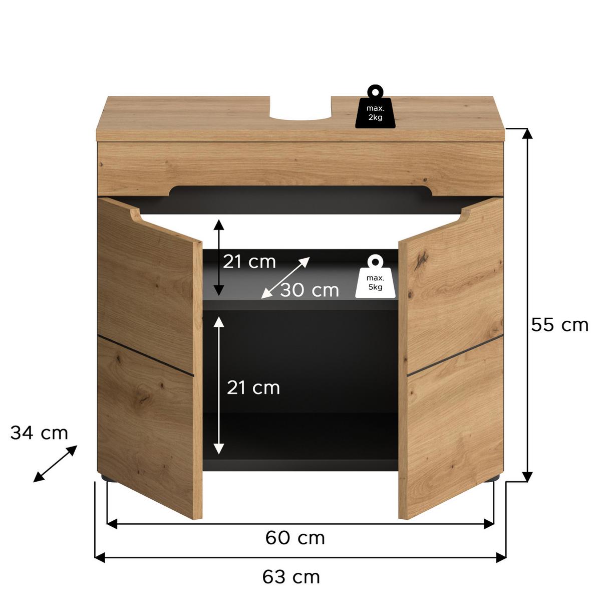 WASCHBECKENUNTERSCHRANK Eiche, grau 63 cm, Waschtisch mit Soft-Close - Eiche Artisan/Grau, Holz/Holzwerkstoff (63/55/34cm) - Inn.Furn