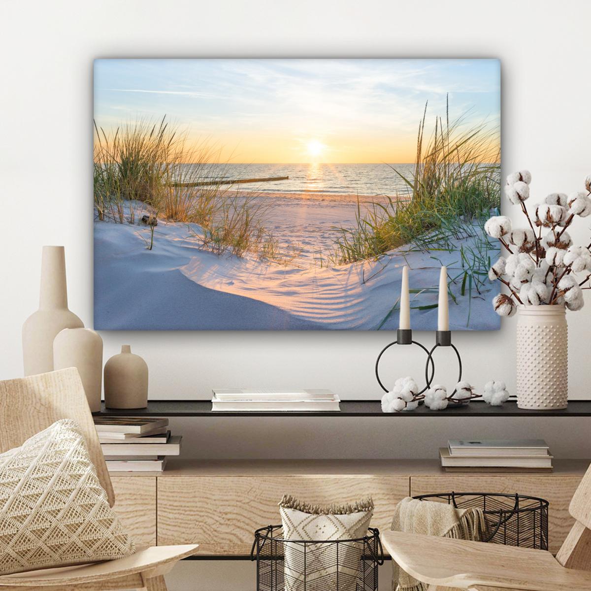 LEINWANDBILD Strand - Sonne - Düne - Gras - Sand - Horizont Gemälde 60x40 cm - Hellblau, Textil (60/40cm) - MuchoWow