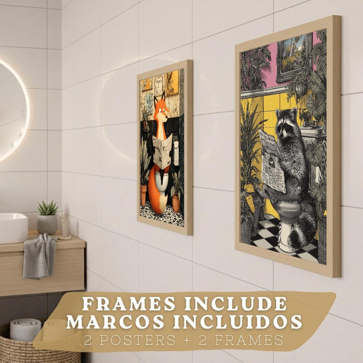 POSTER 2er-Set dekorative Badezimmer-Kunstdrucke, künstlerische für Wand, Toilette mit Tieren auf der Toilette, Vintage Leichter Holzrahmen A3 - Beige, Papier (42/29.7/3cm) - Nacnic