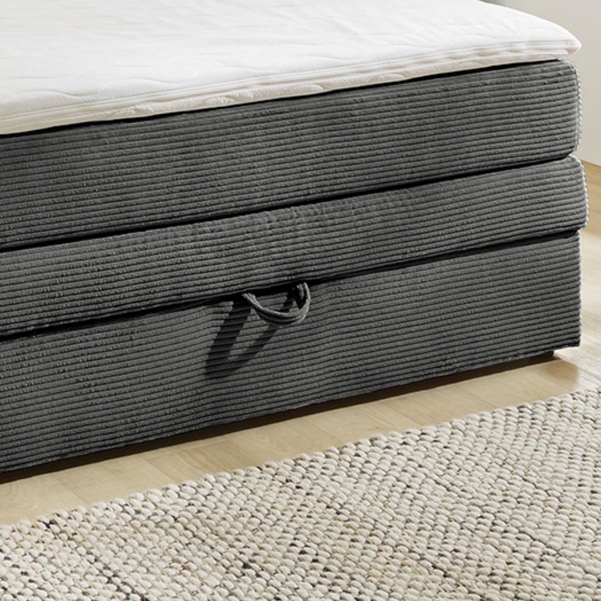 BOXSPRINGBETT 140x200 cm, 7-Zonen-Tonnentaschen-Federkernmatratze H3, Topper, Bonell-Federkern, großer Bettkasten, Cord Dunkelgrau / 20035 - Dunkelgrau/Schwarz, Kunststoff/Textil (140/200cm) - luma-home