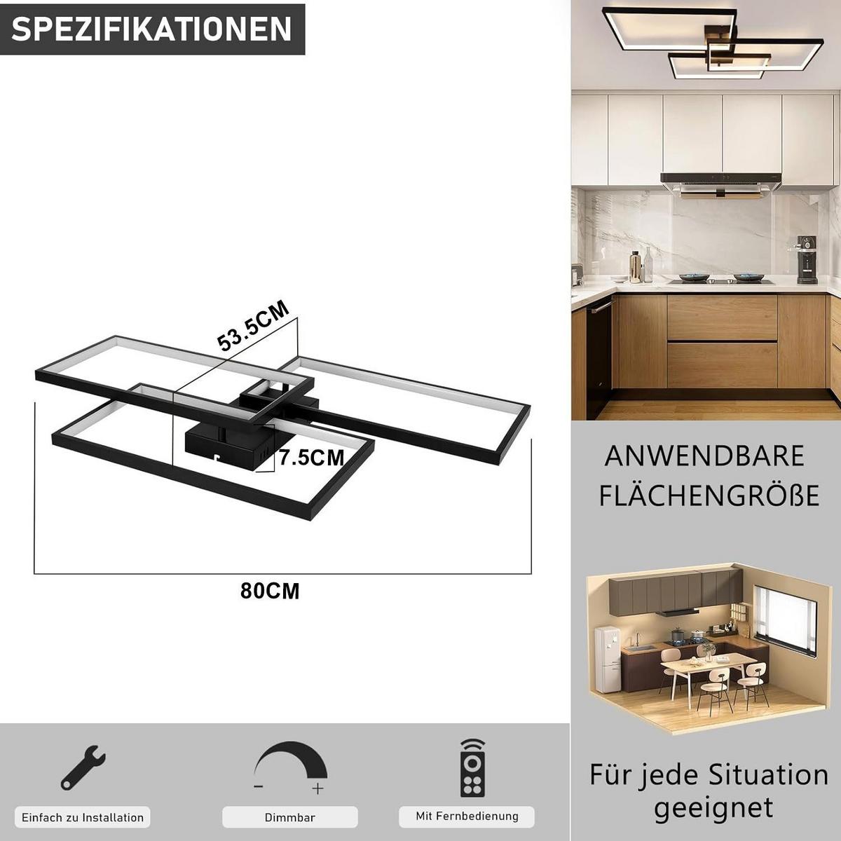 LED-DECKENLEUCHTE Lia 80/54/8 cm - Schwarz, Metall (80/54/8cm) - Nettlife