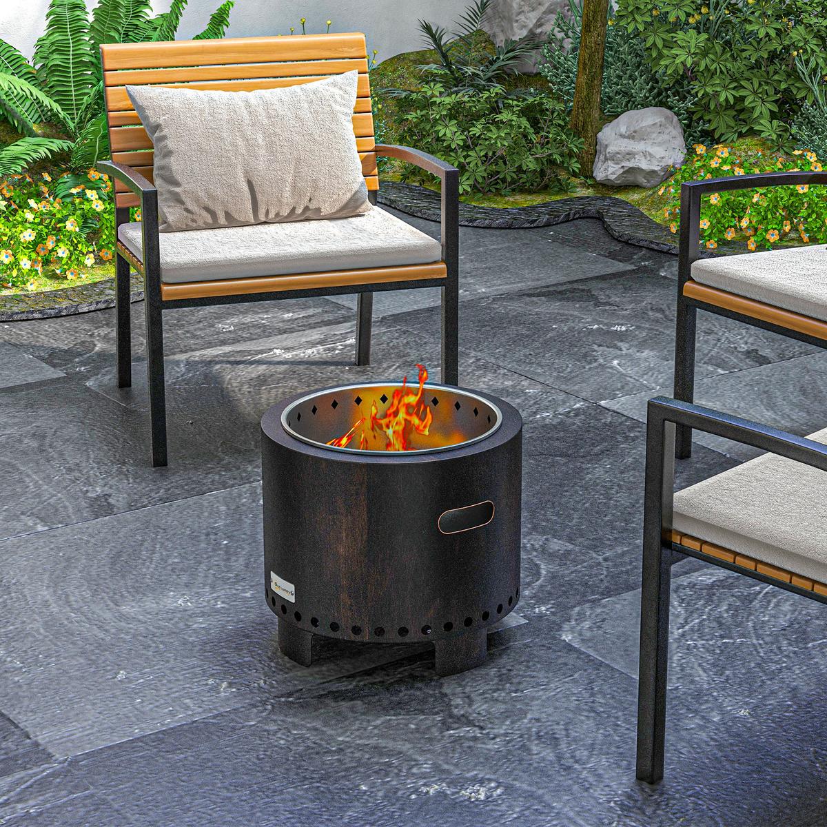 FEUERSCHALE, rauchfreier Tischfeuer, Ø45 cm Feuerstelle mit Griff, Schürhaken - Schwarz, Metall (45/42/45cm) - Outsunny