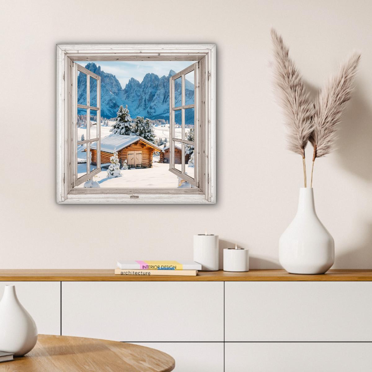 LEINWANDBILD Winterlandschaft - Hütte - Berge - Ausblicke - Aussicht - Natur Wandbild Wohnzimmer 50x50 cm - Weiß Hochglanz, Textil (50/50cm) - MuchoWow
