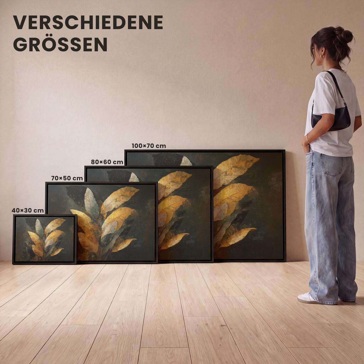 LEINWAND Bilder mit Rahmen - Golden Leaf Komposition - Botanical Luxury - 70x50 - Goldfarben, Textil (70/50cm) - MuchoWow