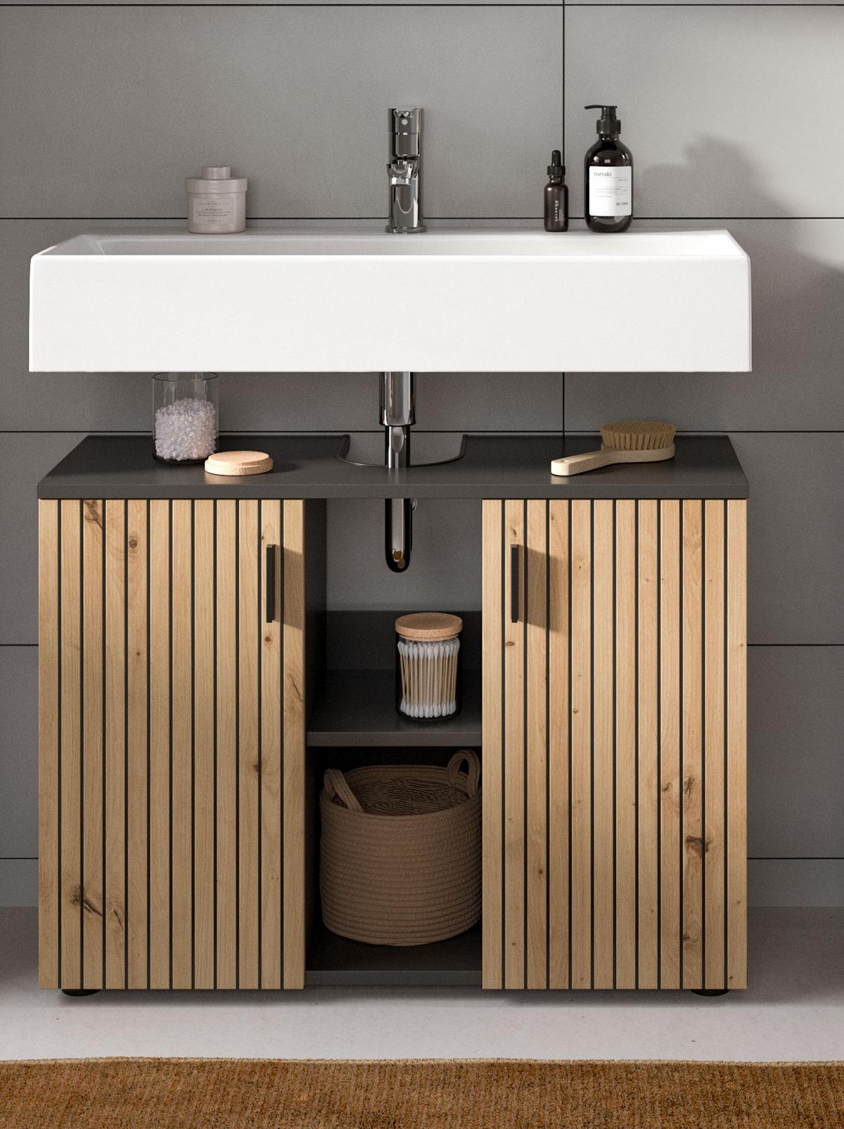 WASCHBECKENUNTERSCHRANK Eiche Artisan, grau 80 cm, Bad Unterschrank mit 6 Fächern, Leistenoptik - Schwarz/Eiche Artisan, Holzwerkstoff/Kunststoff (80/59/30cm) - Inn.Furn