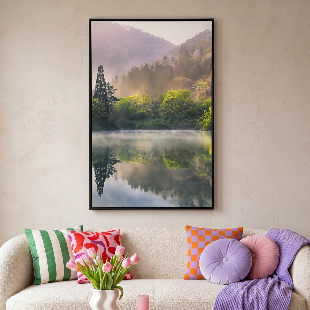 LEINWAND Bilder mit Rahmen - Natur - Bäume - Berge - See - Wasser - 100x150 - Hellgrün, Textil (100/150cm) - MuchoWow