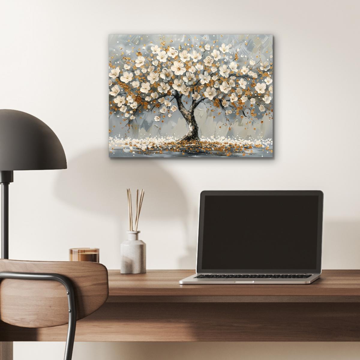 METALLBILD Baum - Blumen - Weiß - Natur - Kunst 40x30 cm - Weiß, Metall (40/30cm) - MuchoWow