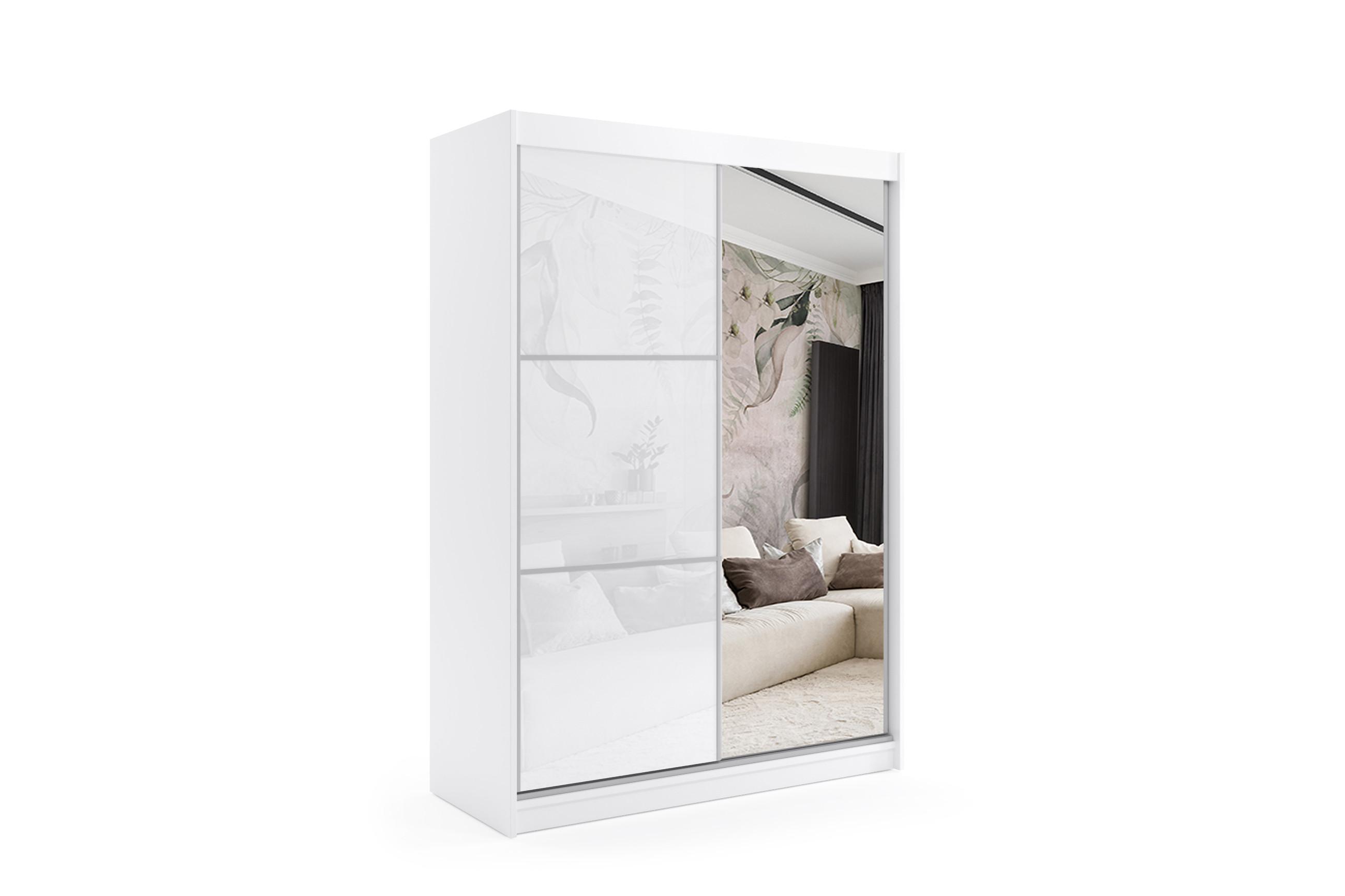 KLEIDERSCHRANK mit Spiegel-Schiebetüren und Aluminium-Leisten, LED-Beleuchtung - VIVI - 150 cm Weiß - Weiß, Holzwerkstoff (150/216/61cm) - ALTDECOR