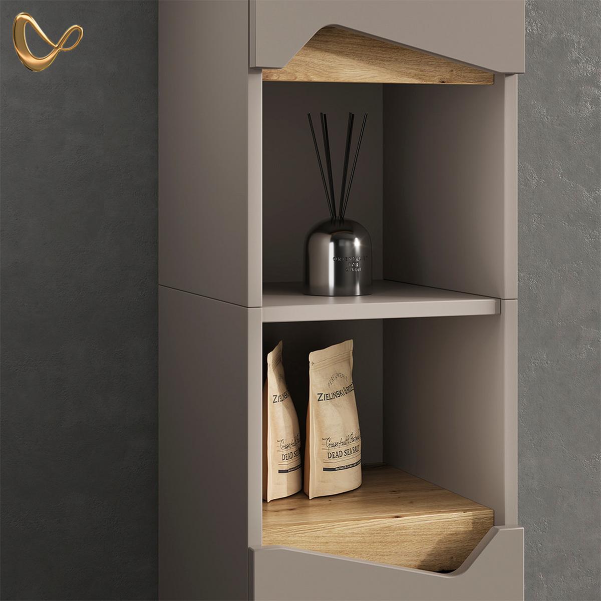 BADMÖBEL-KOMBINATION Timavo Greige 3 Teile, mit Hochschrank - Greige, Holzwerkstoff (60/57/35cm) - Livinity®