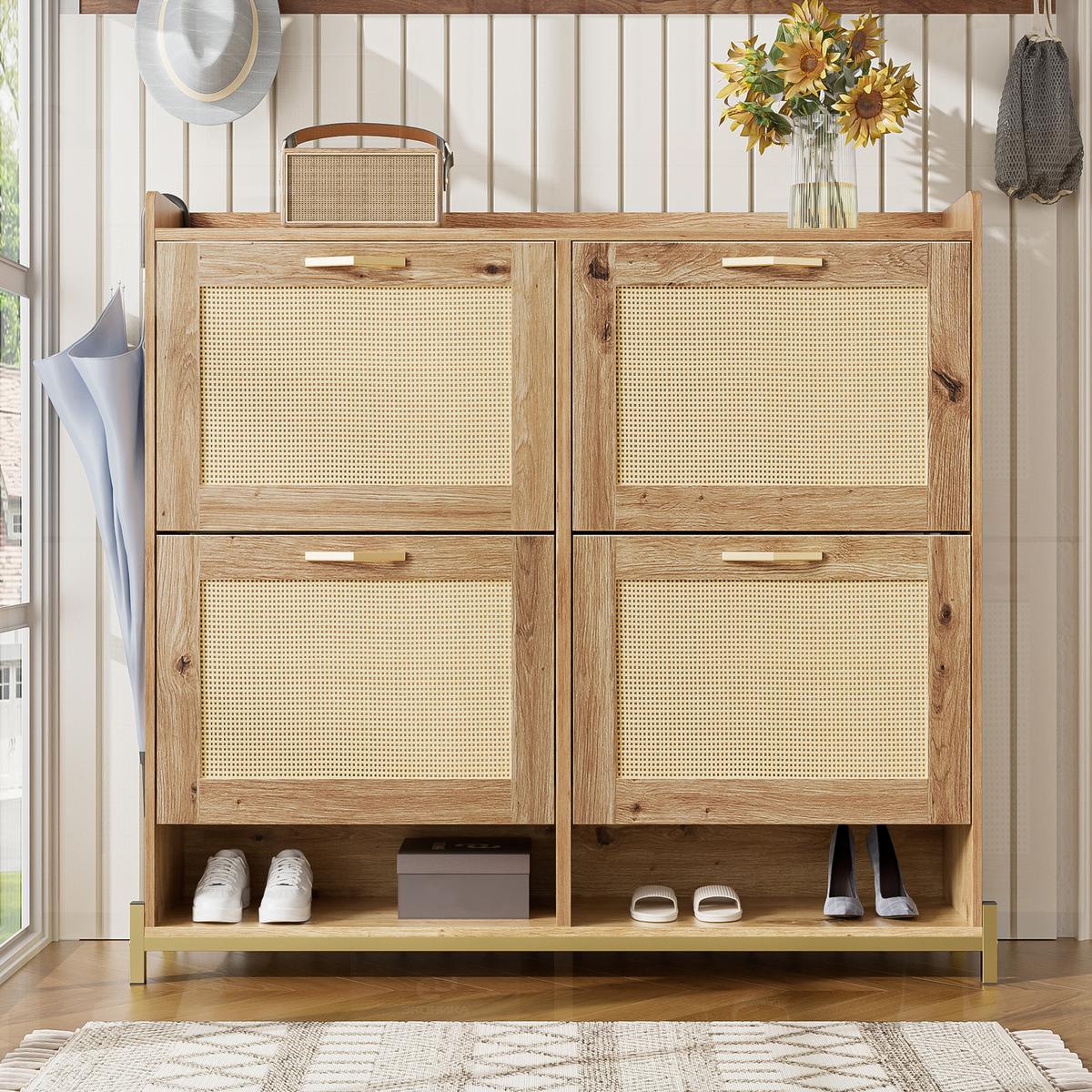 SCHUHSCHRANK aus Holz mit Rattantüren - Hellbraun, Holzwerkstoff (24/100/108cm) - Urban Meuble