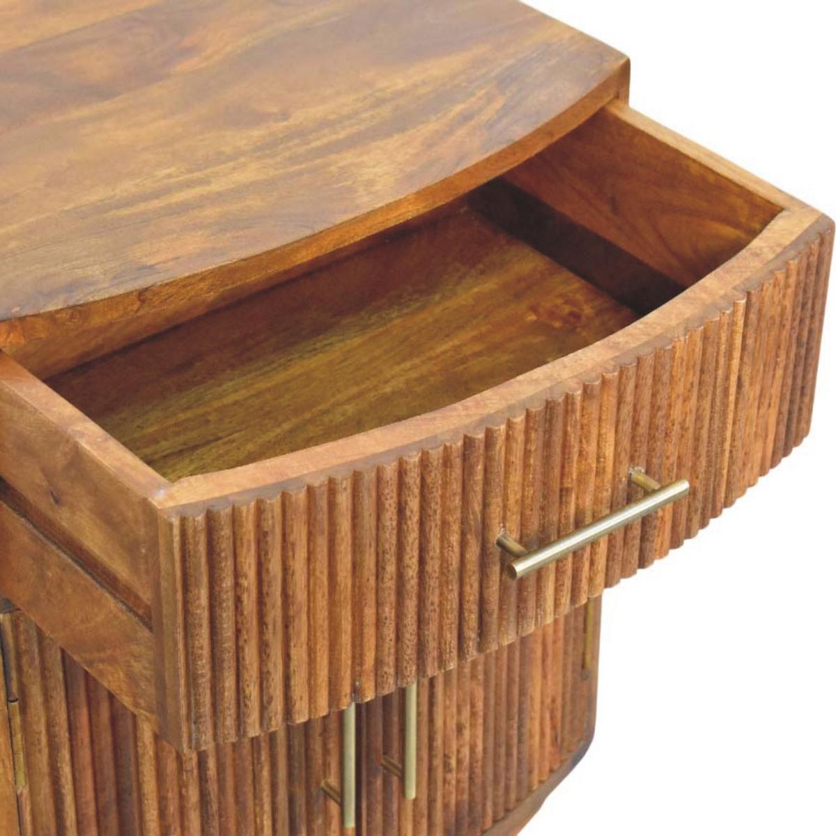 NACHTKASTEN Massivholz Geschwungen Geriffelt, 1 Schublade und 2 Regale mit Türen, Dunkelbraun - Hellbraun/Messingfarben, Holz/Metall (50/60/40cm) - Artisan Furniture