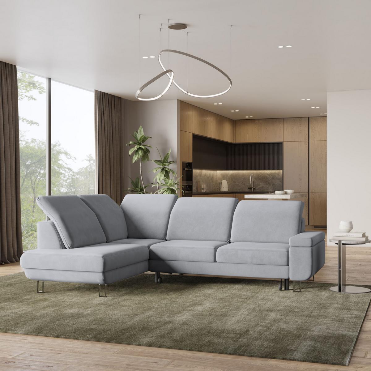 ECKSOFA LERMA L-S Hellgrau Velours-Stoff mit Schlaffunktion - Silberfarben/Hellgrau, Holz/Textil (253/190cm) - MASSENO