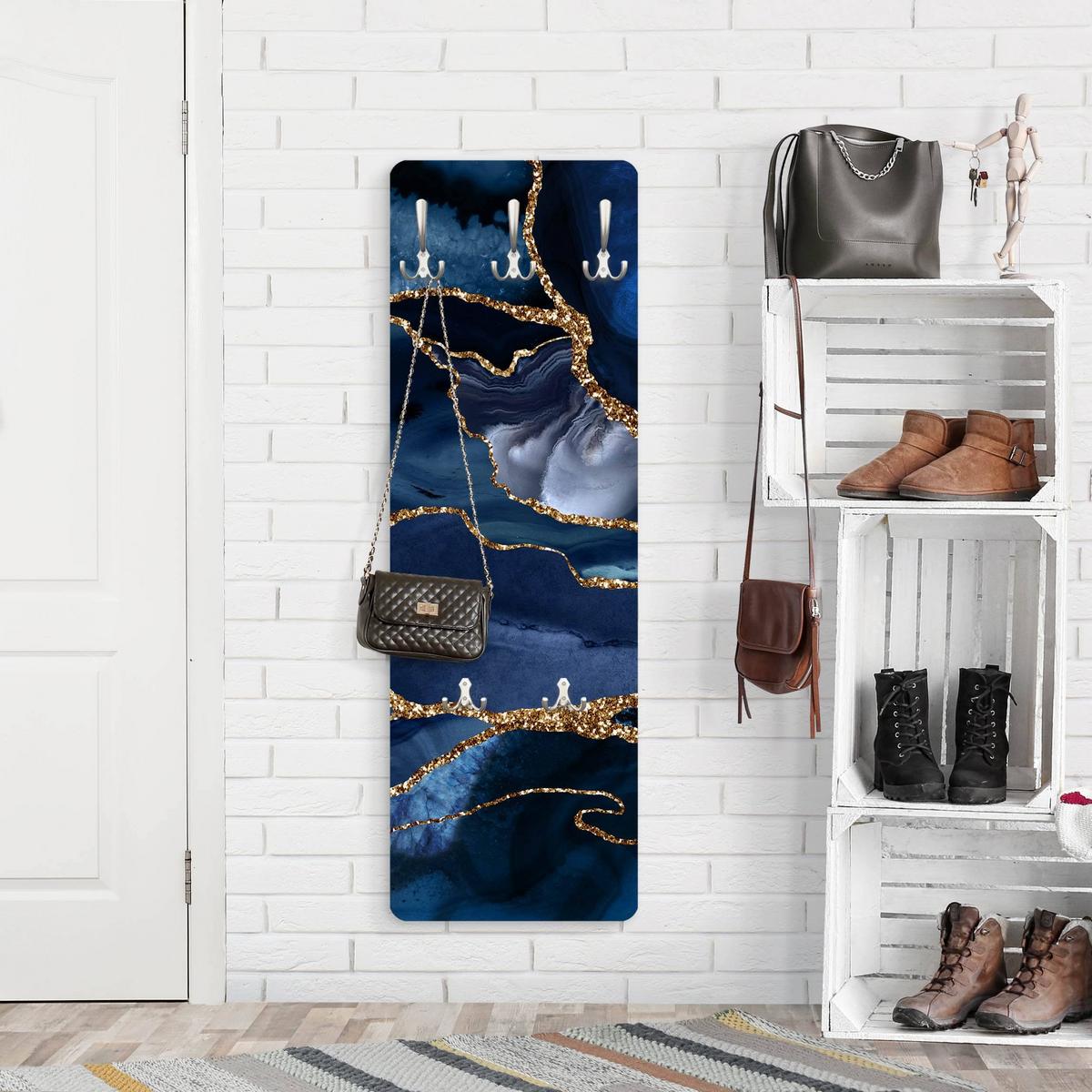 WANDGARDEROBE - Goldene Glitzer Wellen vor Blau 34/105 cm - Blau, Holzwerkstoff (34/105/1.6cm) - Bilderwelten