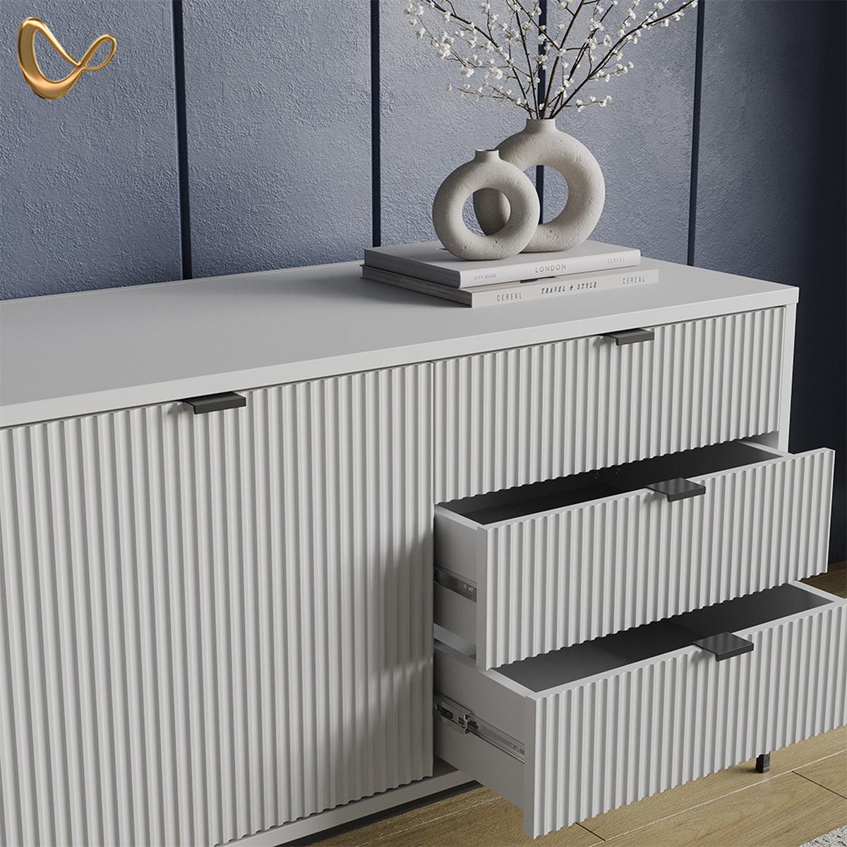 LOWBOARD Aterno Grau 150 x 60 cm mit 3 Schubladen, 2 Türen - Grau, Holzwerkstoff (150/60/42cm) - Livinity®