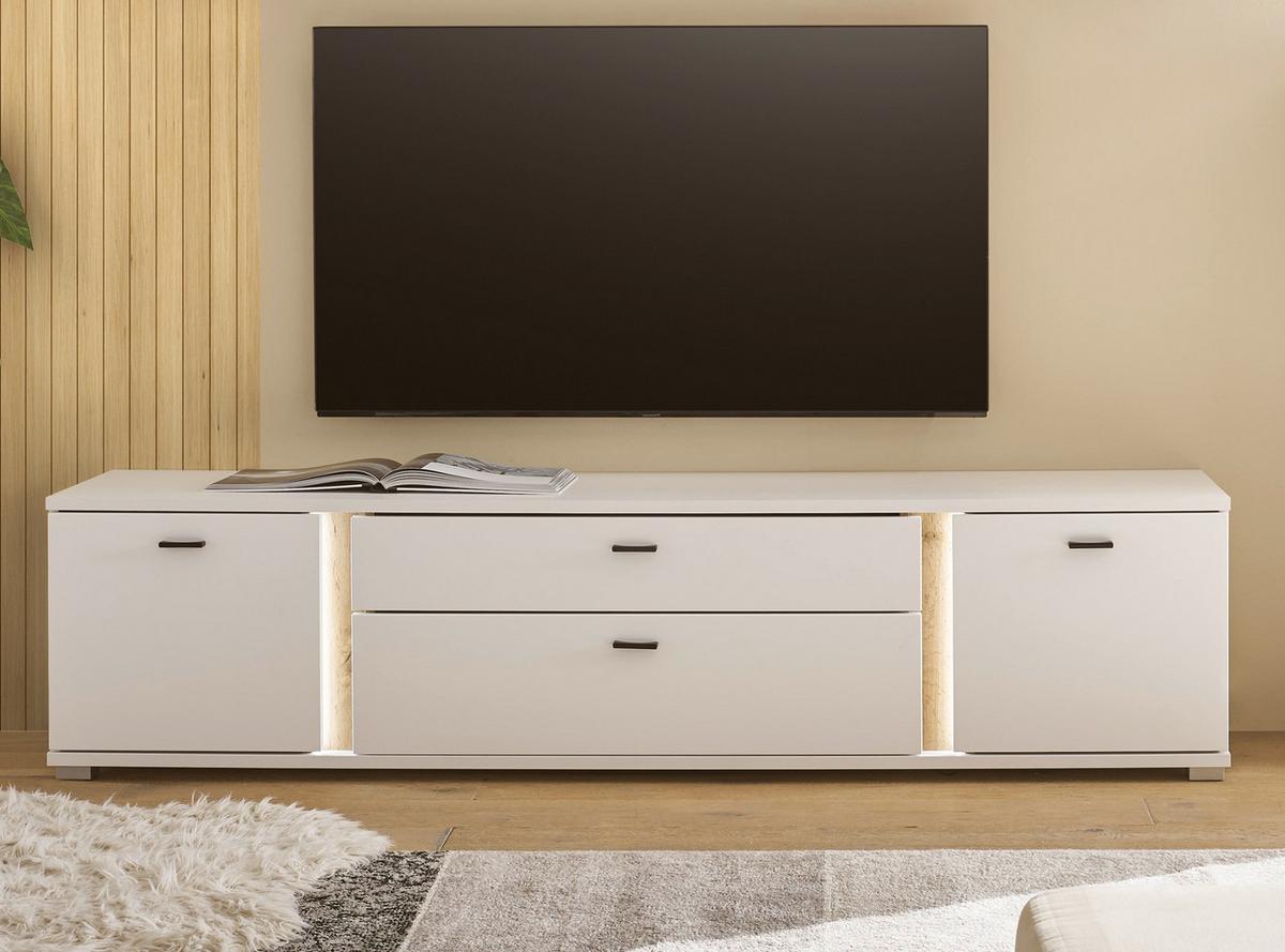 TV-LOWBOARD weiß matt, Eiche Wotan 201 cm, TV Unterteil inklusive Frontbeleuchtung - Eiche Wotan/Silberfarben, Holzwerkstoff/Kunststoff (200/48/42cm) - Furn.Design