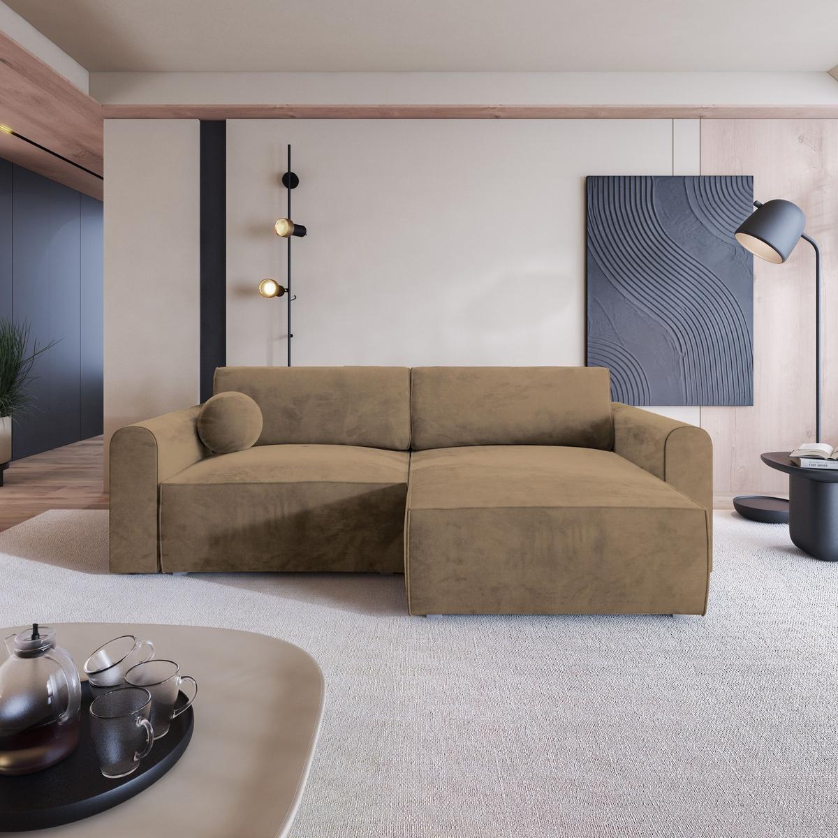 ECKSOFA FIANO M Beige Velours-Stoff mit Schlaffunktion - Beige/Grau, Holz/Kunststoff (245/148cm) - MASSENO