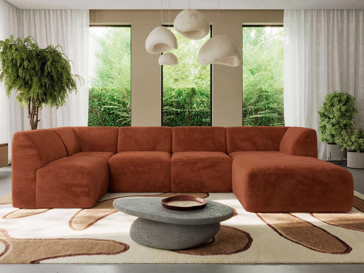 WOHNLANDSCHAFT MODARO U 5M - Orange Plüsch - Rechts - Schwarz/Orange, Textil (345/78/180cm) - MKS
