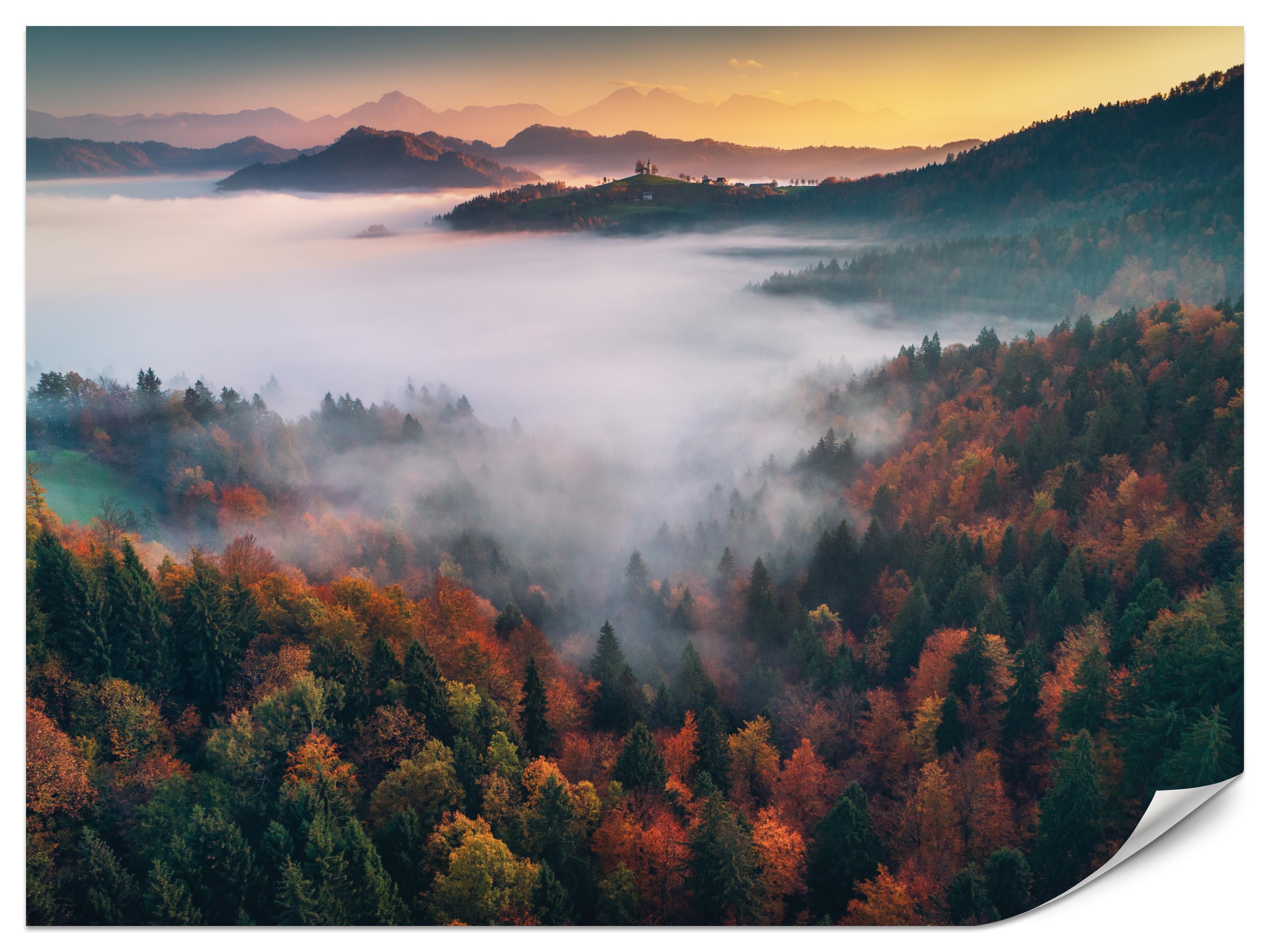 FOTOTAPETE für Wohnzimmer Nebelwald Sonnenuntergang Berge Bäume 400x280 - Beige/Rot, Papier (400/280cm) - Muralo