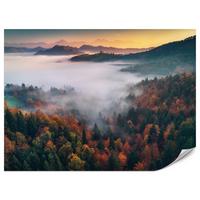 FOTOTAPETE für Wohnzimmer Nebelwald Sonnenuntergang Berge Bäume 400x280 - Beige/Rot, Papier (400/280cm) - Muralo