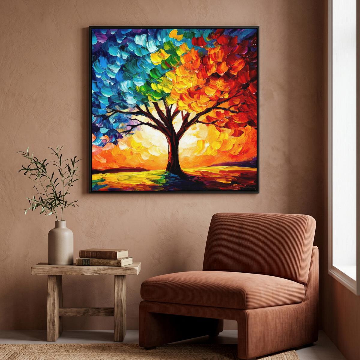 LEINWAND Bilder mit Rahmen - Baum - Kunst - Natur - Sonnenuntergang - 90x90 - Multicolor, Textil (90/90cm) - MuchoWow