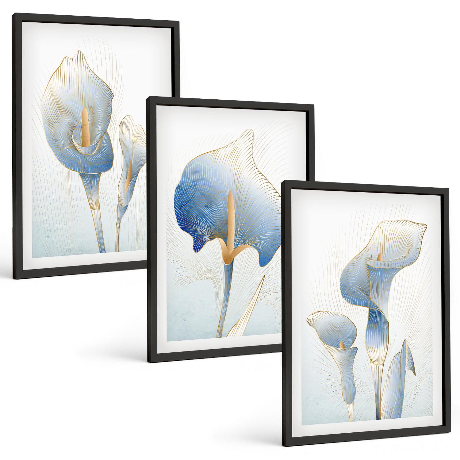 BILDER SET 3er Set - 40x60 cm Schwarzer Rahmen - Blaue Blumen im Hintergrund - Schwarz, Kunststoff (40/60cm) - TULUP