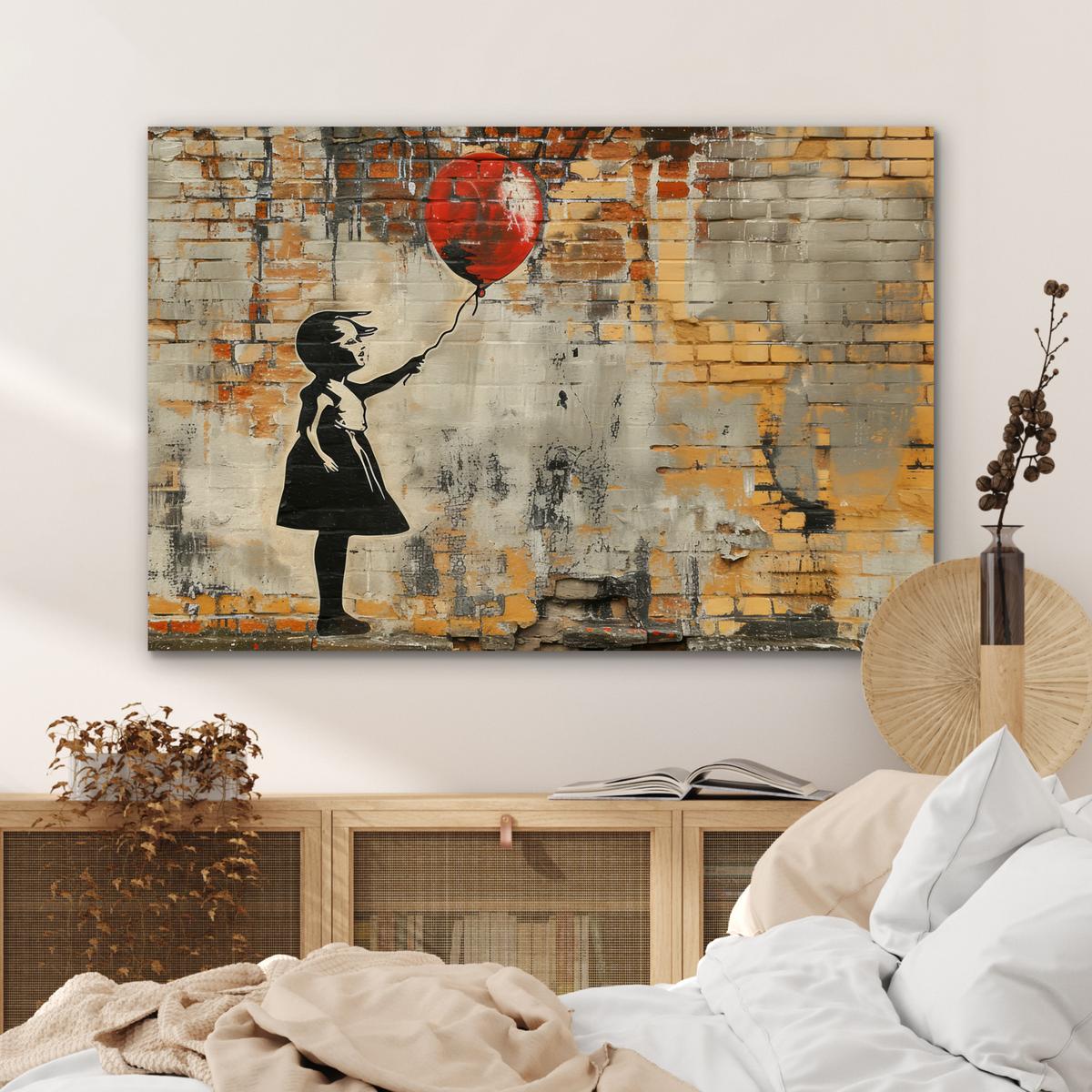 METALLBILD Graffiti - Banksy - Mädchen - Straßenkunst Deko Groß 120x80 cm - Sandfarben, Metall (120/80cm) - MuchoWow