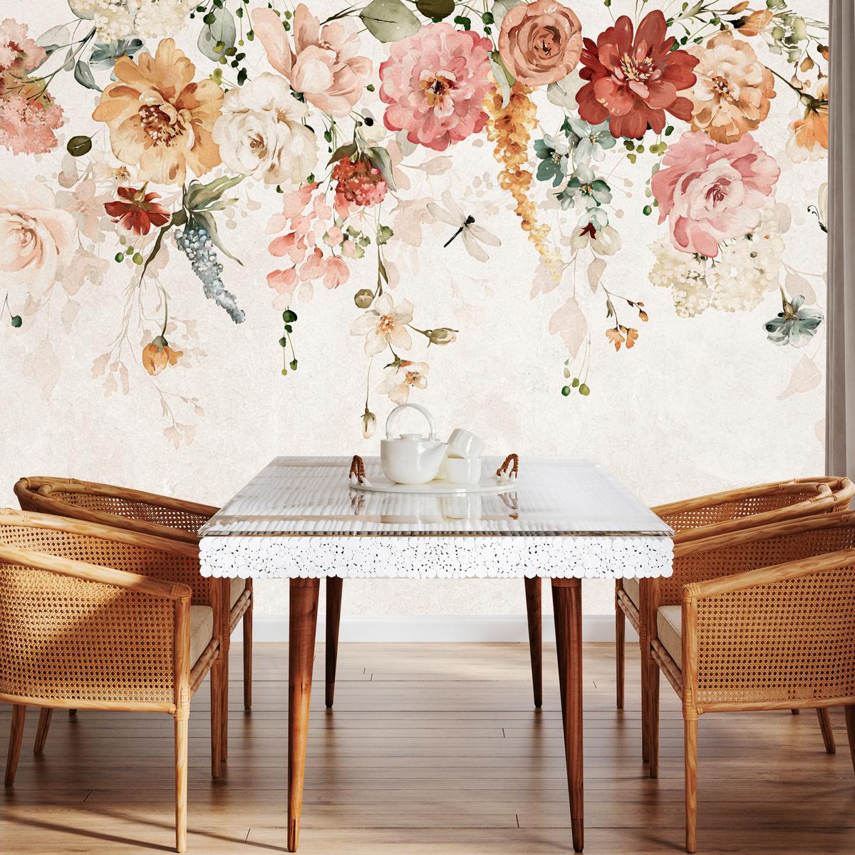 FOTOTAPETE für Esszimmer Aquarellblumen Blätter Pflanzen Pfingstrosen Rosen 450x315 - Multicolor, Papier (450/315cm) - Muralo