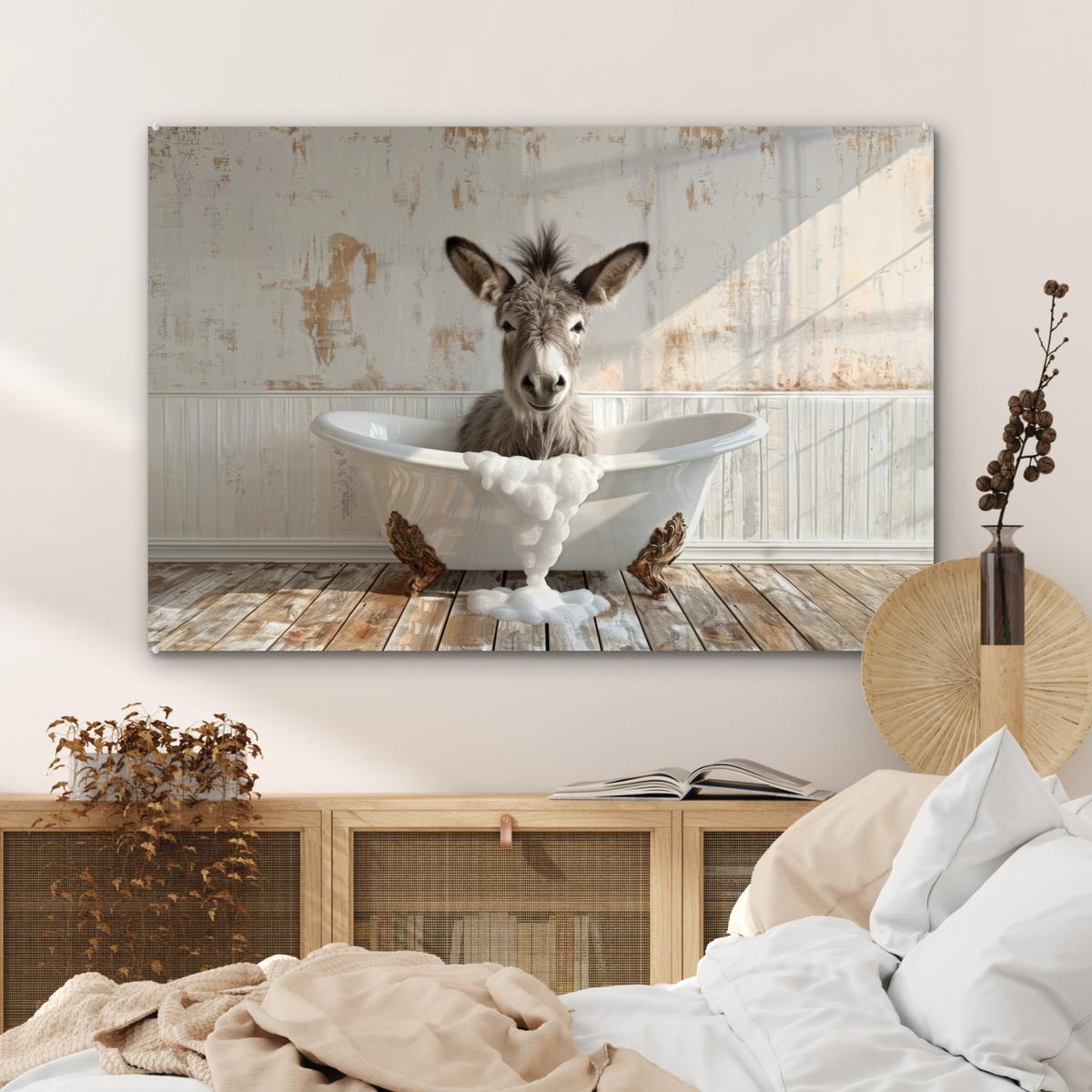 ACRYLGLASBILD Esel - Tiere - Badewanne - Schaumstoff Wandbild Schlafzimmer 120x80 cm - Weiß, Glas (120/80cm) - MuchoWow