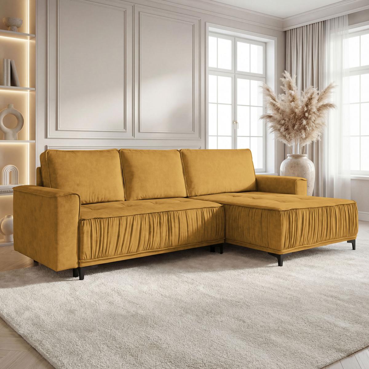 ECKSOFA Velora mit Schlaffunktion & Stauraum, Universell Rechts/Links, Senfgelb Samt 270/92/150 cm - Dunkelgelb/Schwarz, Textil/Metall (270/150cm) - WFL GROUP