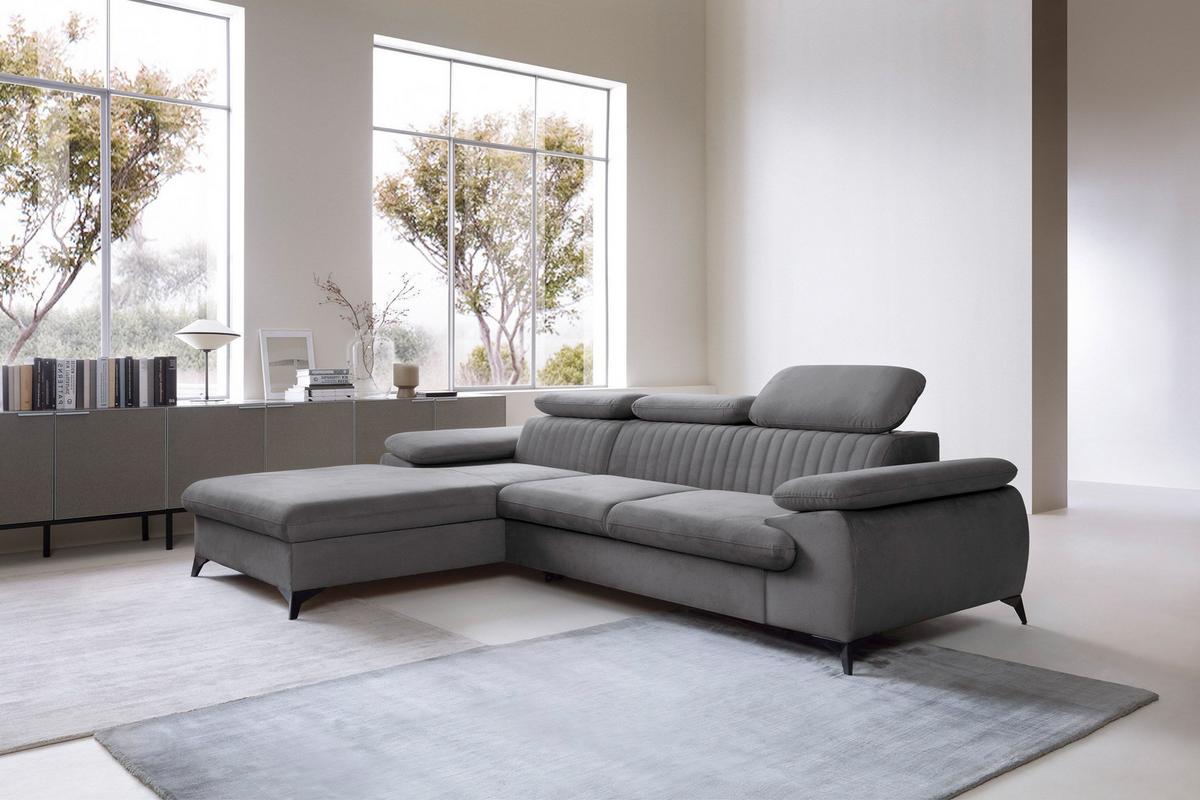 ECKSOFA FIORE Grau Velours-Stoff mit Schlaffunktion - Grau, Holz (120/120cm) - MASSENO