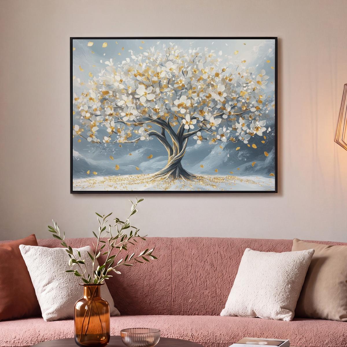 LEINWAND Bilder mit Rahmen - Baum - Winter - Baum des Lebens - Modern - Gold - 100x70 - Goldfarben, Textil (100/70cm) - MuchoWow