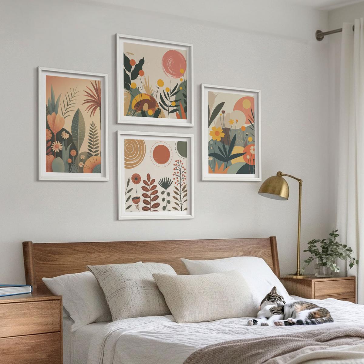 BILDER SET 4er Set - 50x50 cm & 40x60 cm Weißer Rahmen - Boho-Pflanzenmuster - Weiß, Kunststoff (50/50cm) - TULUP