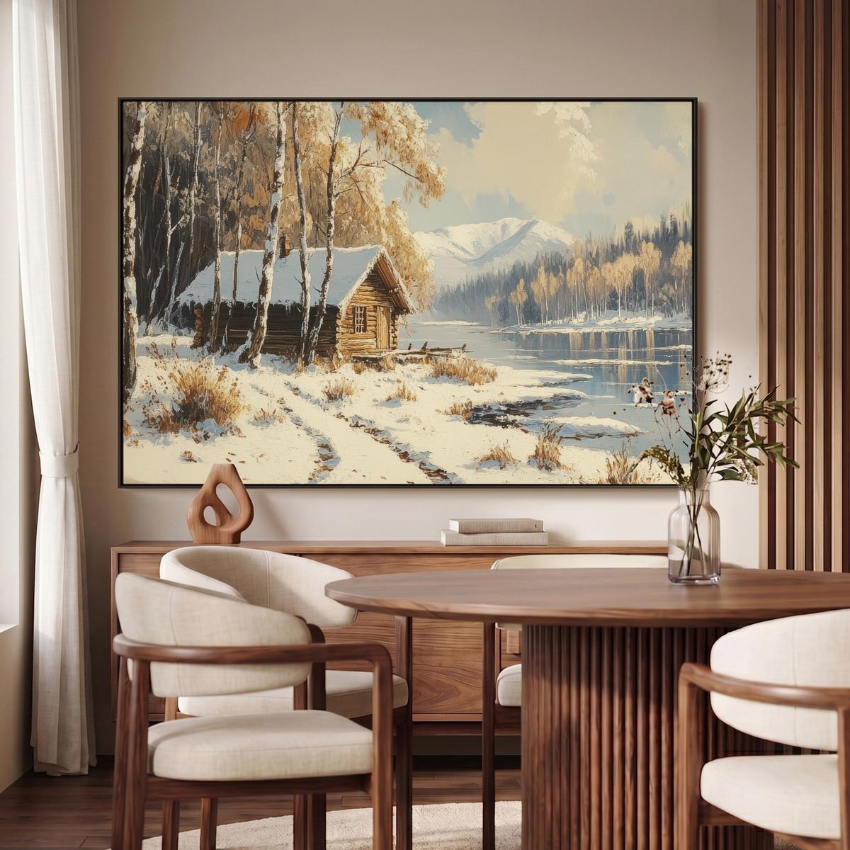 LEINWAND Bilder mit Rahmen - Winter - Schnee - Zuhause - Natur - 140x90 - Hellbraun, Textil (140/90cm) - MuchoWow