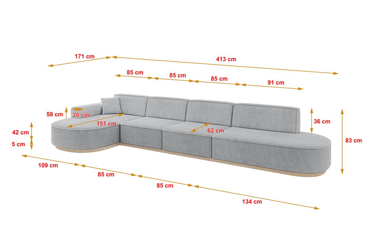ECKSOFA Ottomane Links MARI-L3-v1 - 413x171x83 cm Grau Cord - Grau, Holzwerkstoff/Textil (413/171cm) - ALTDECOR