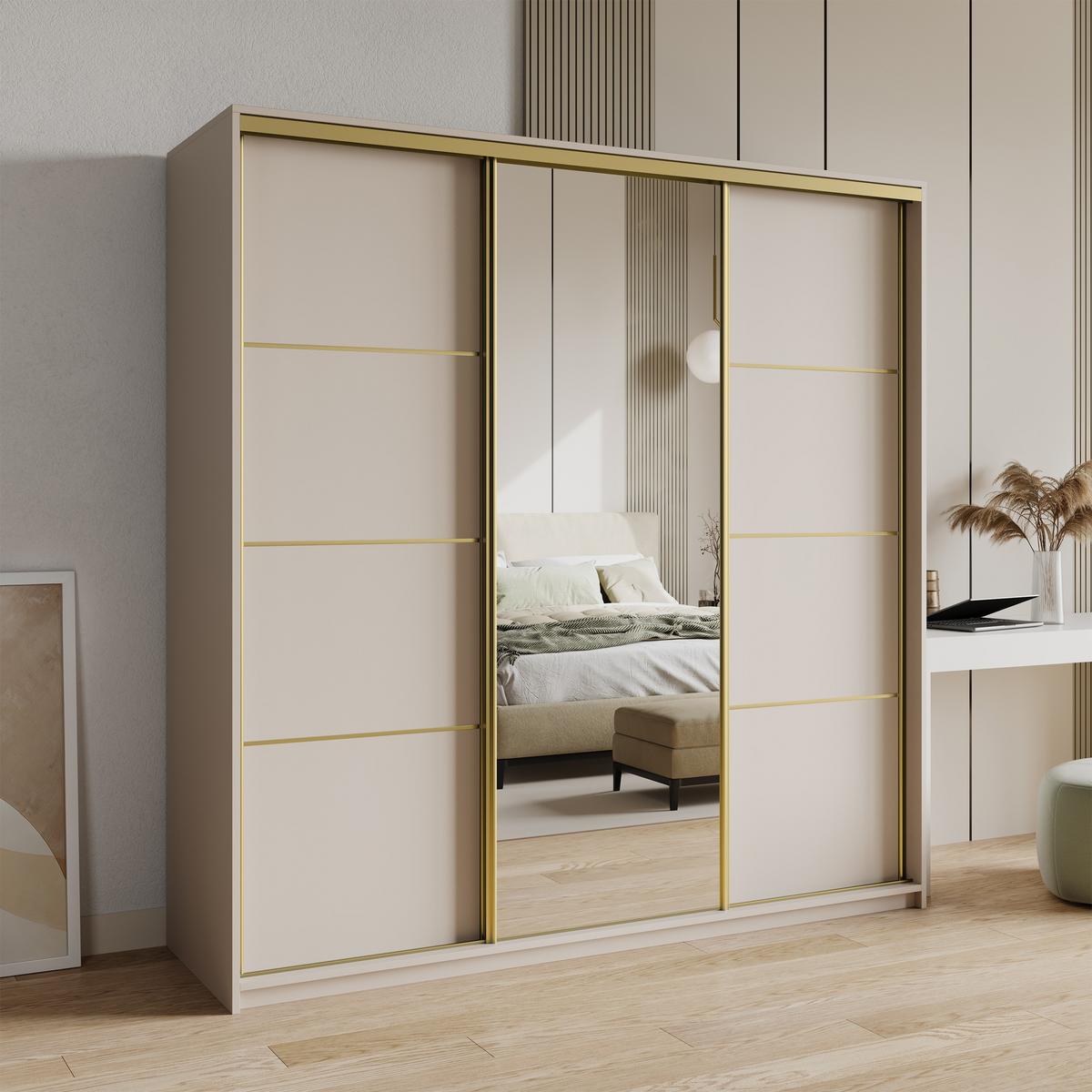 SCHWEBETÜRENSCHRANK VARO 200/205/60 cm 3-türig mit Spiegel Kaschmir - Kaschmir, Holzwerkstoff (200/205/60cm) - MASSENO
