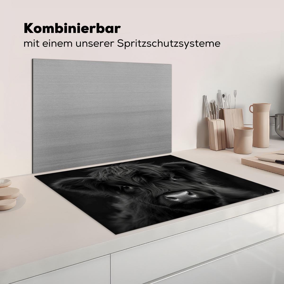 HERDABDECKPLATTE Scottish Highlander - Schwarz - Kalb - Kuh Induktionsmatte 77x59 cm - Schwarz, Kunststoff (77/59/0.2cm) - MuchoWow