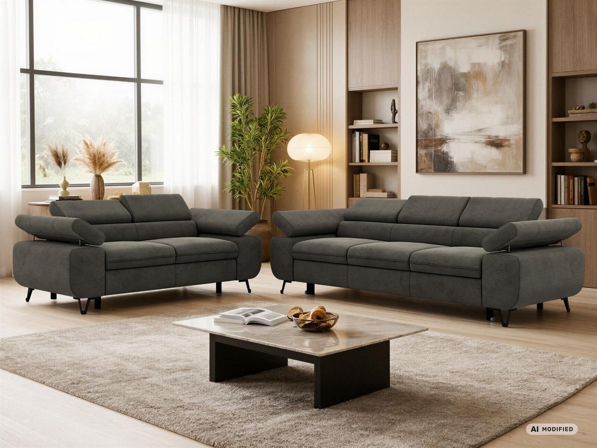 SITZGARNITUR PETERS 2+3 - Dunkelgrau Velvet - Dunkelgrau/Schwarz, Textil/Metall (262/76/99cm) - MKS