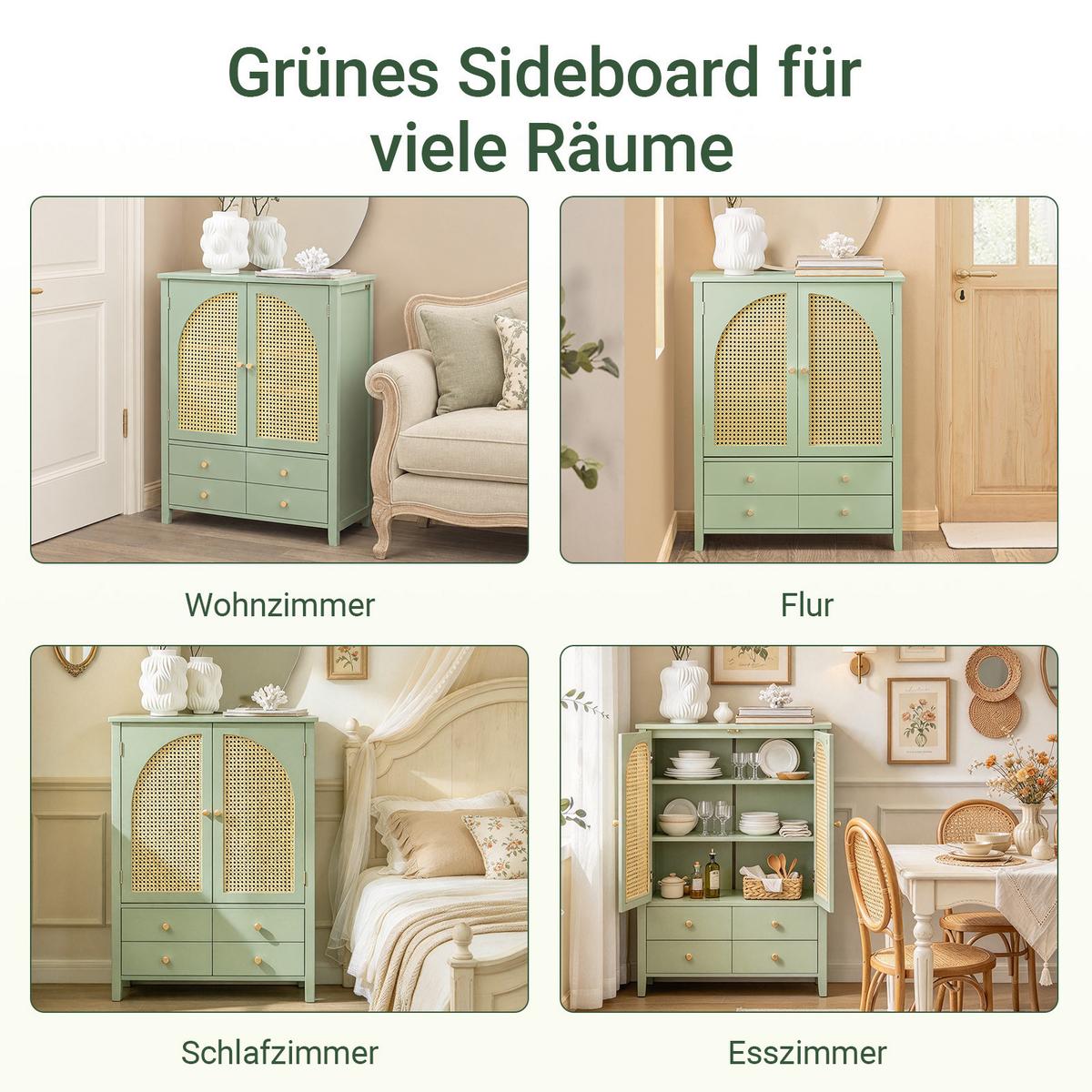 SIDEBOARD Grün, 70x90x34 cm, Lamellentüren, E1-MDF, bis 50 kg, kompakt für Wohnzimmer, Flur, Schlafzimmer & Esszimmer - Grün, Holzwerkstoff (70/90/34cm) - SoBuy