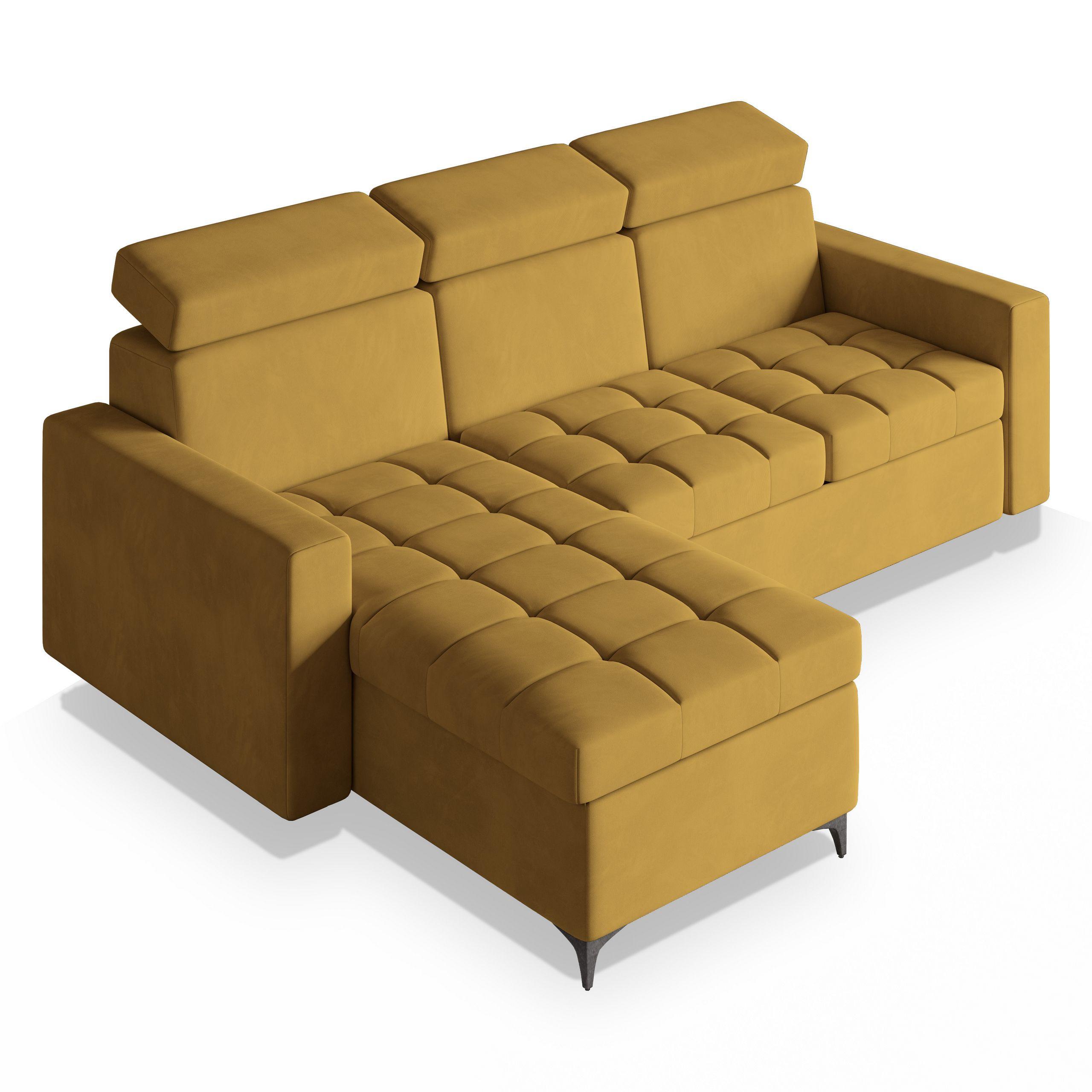 ECKSOFA KAME Gelb Plüsch-Stoff mit Schlaffunktion - Gelb/Schwarz, Holz/Textil (227/168cm) - MASSENO