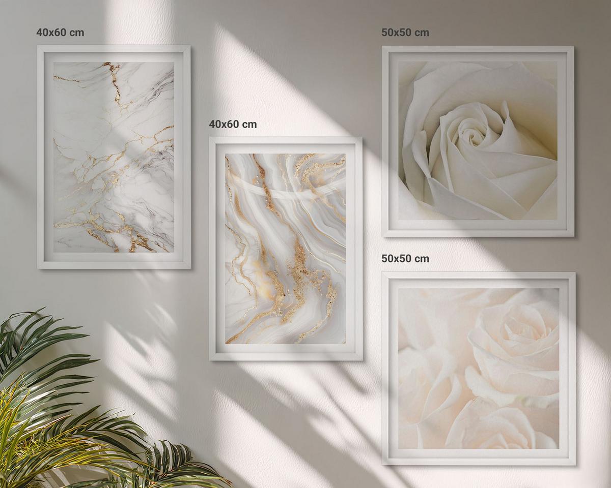 BILDER SET 4er Set - 50x50 cm & 40x60 cm Weißer Rahmen - Elegante Marmormuster - Weiß, Kunststoff (50/50cm) - TULUP