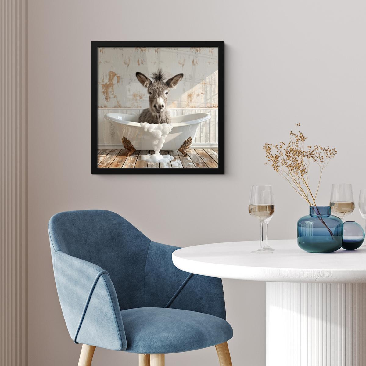 POSTER MIT RAHMENGERAHMTES BILD Esel - Tiere - Badewanne - Schaumstoff 40x40 cm - Weiß, Papier (40/40cm) - MuchoWow
