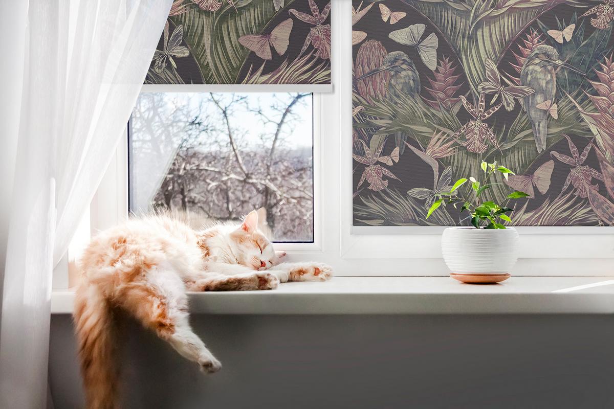 INNENROLLO - Fensterrollo - Rollo - 80x180 cm - Exotische Pflanzen und Vögel - Violett, Kunststoff (80/180/0.5cm) - TULUP