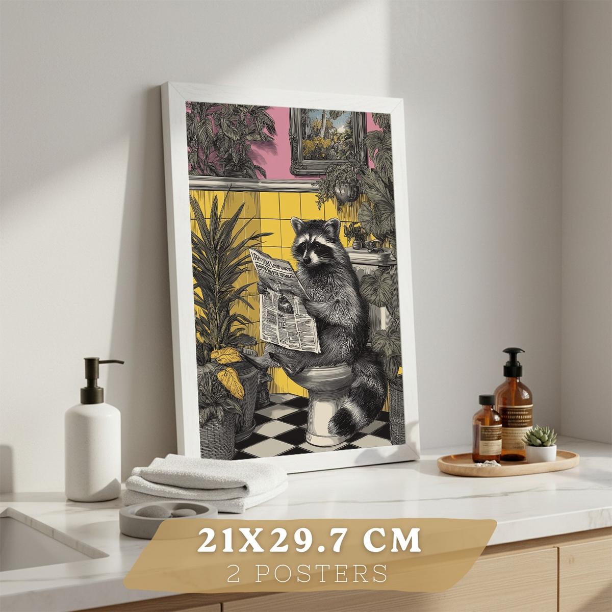 POSTER 2er-Set dekorative Badezimmer-Kunstdrucke, künstlerische für Wand, Waschbecken, Toilette mit Tieren auf der Toilette, Vintage Weißer Rahmen A4 - Weiß, Papier (29.7/21/3cm) - Nacnic
