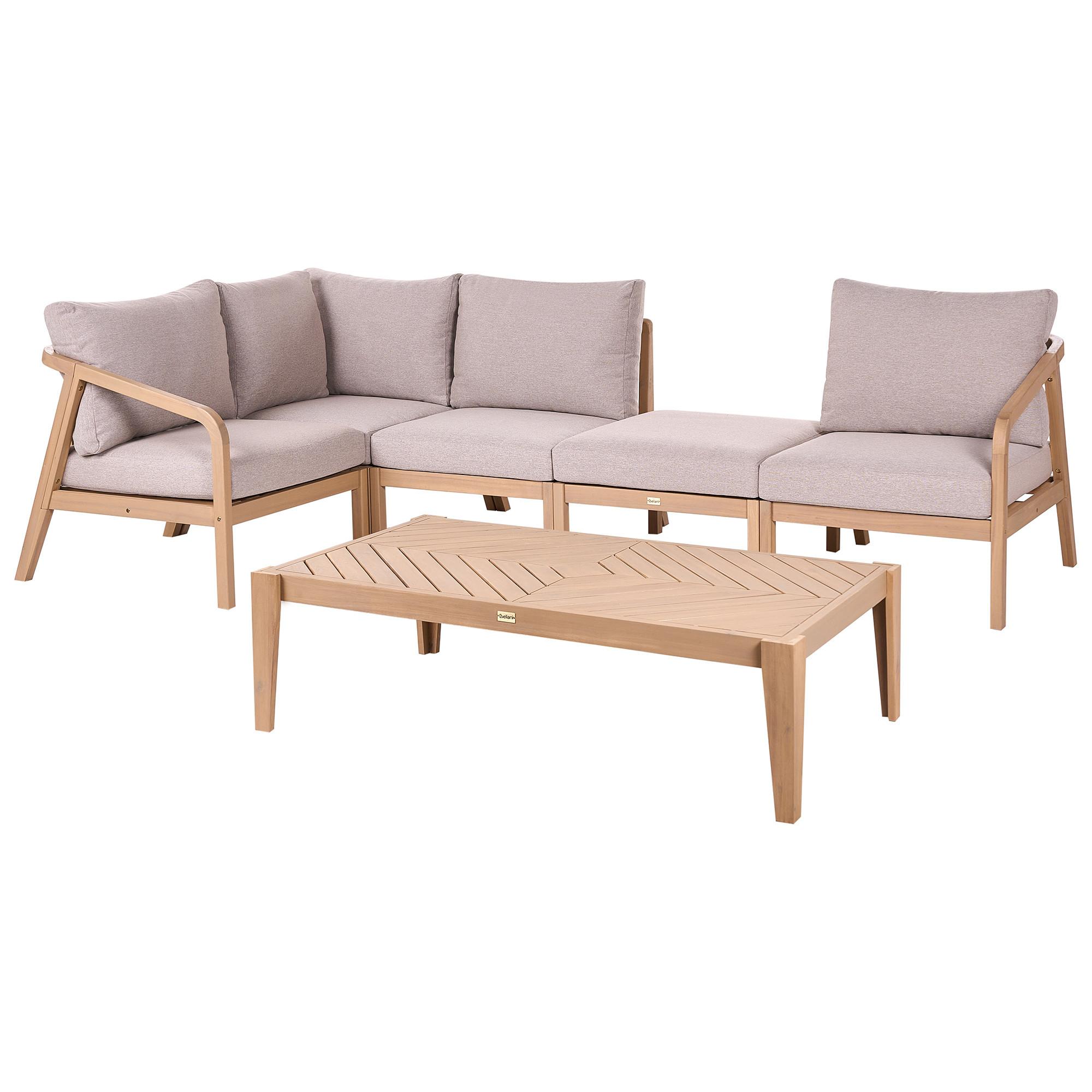 GARTEN Ecksofa mit Tisch 5-Sitzer modular Akazienholz Hellbraun Rivello - Hellbraun/Beige, Holz - Beliani
