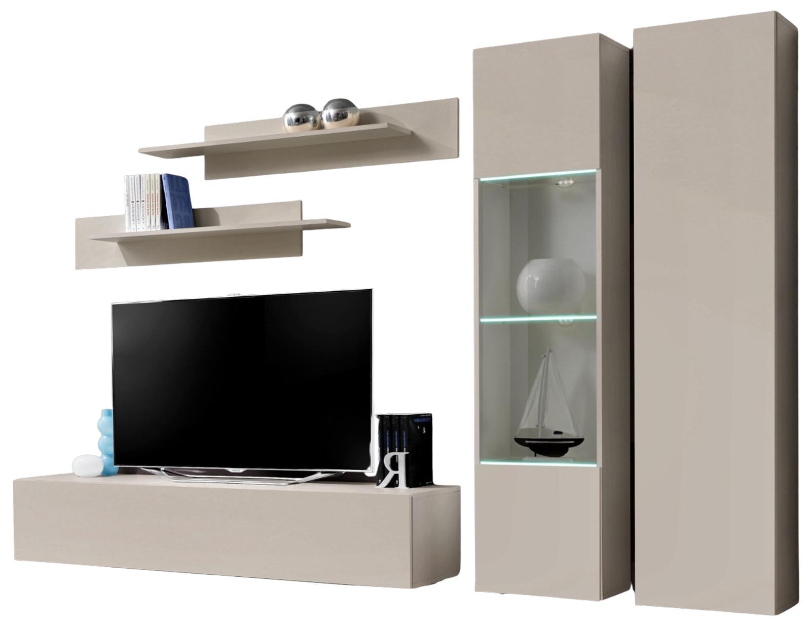 WOHNWAND Kaschmir 260 cm 5-teilig hängend, Anbauwand mit LED-Beleuchtung - Kaschmir, Glas/Holzwerkstoff (260/170/40cm) - Inn.Furn