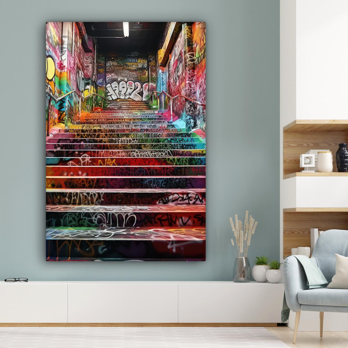 LEINWANDBILD Treppe - Graffiti - Farben - Kunst Deko Groß 90x140 cm - Multicolor, Textil (90/140cm) - MuchoWow