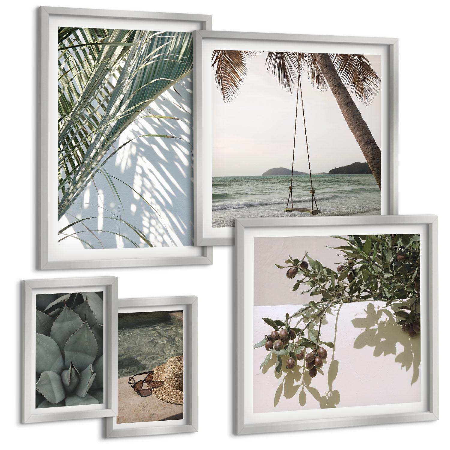 BILDER SET 5er Set - 50x50 cm & 20x30 cm & 40x60 cm Silberner Rahmen - Tropische Pflanzen für den Urlaub - Silberfarben, Kunststoff (40/60cm) - TULUP