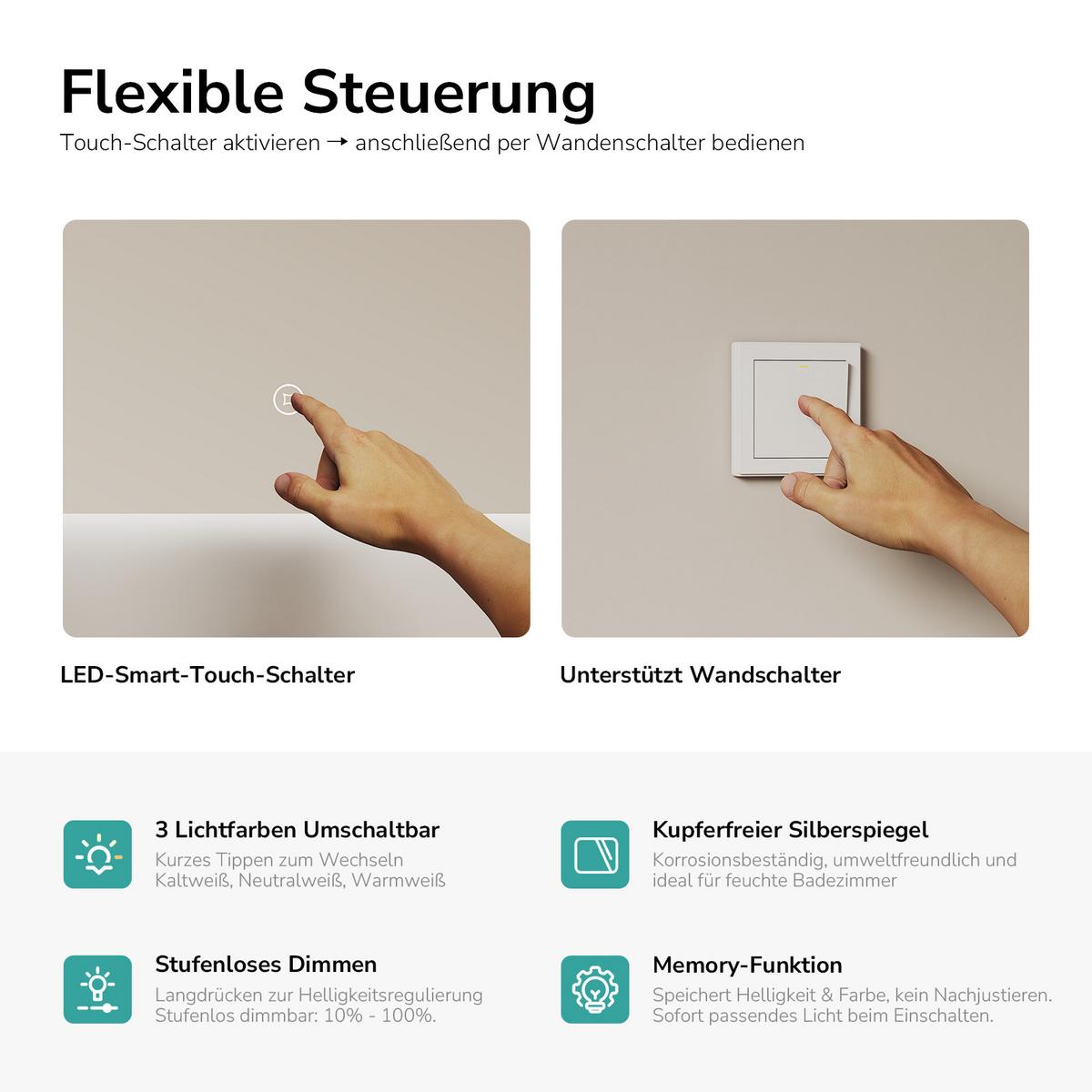BADSPIEGEL LED abgerundet 3 Farbtemperaturen Touch-Schalter 100/60 cm - Transparent, Glas (100/60/3cm) - EMKE